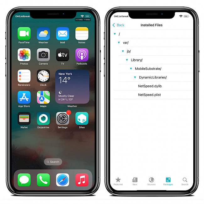 Two iPhone screens showing NetSpeed tweak and installed file son iOS 15.