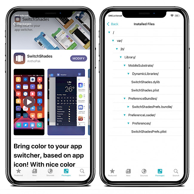 Screenshot of Sileo app wooing SwitchShades Repo and installed files.