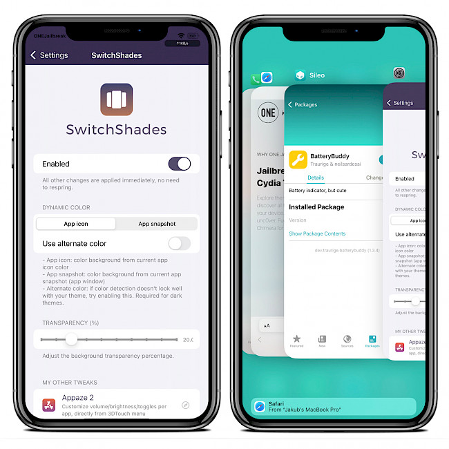 Two iPhone screens showing SwitchShades tweak and preferences.