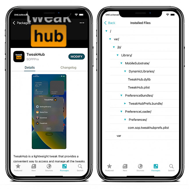 Two iPhone screens showing TweakHub Repo and installed files in Sileo app.