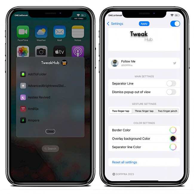 Two iPhone screens showing TweakHub widget and tweak's preference pane.