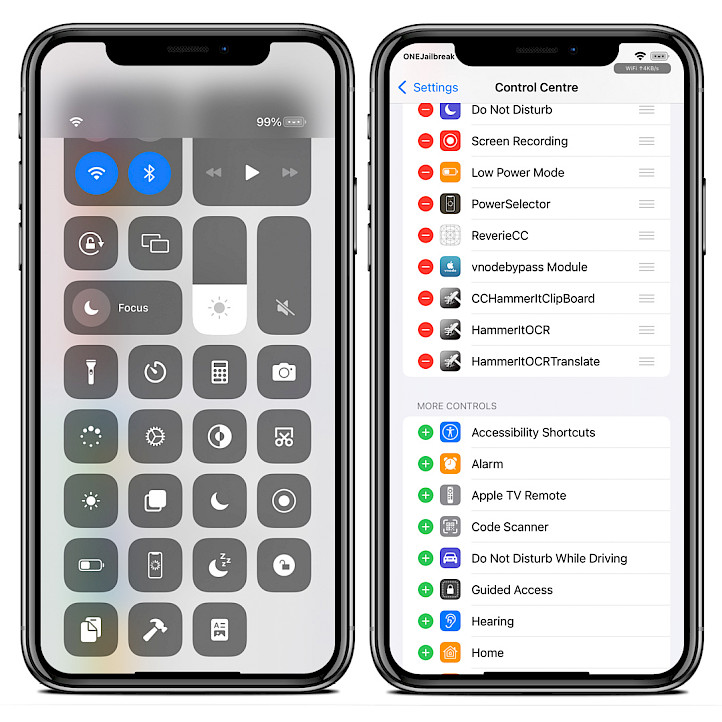 Two iPhone screens showing Hammer it tweak Control Center modules.