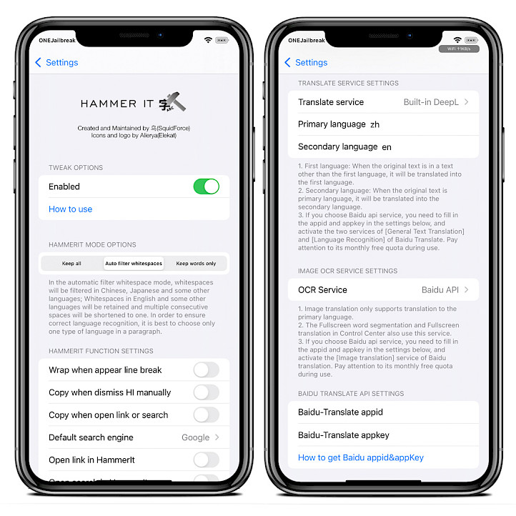 Two iPhone screens showing Hammer it tweak preferences on iOs 15.