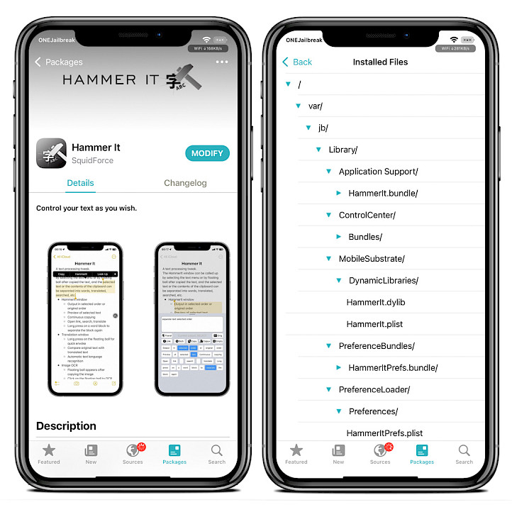 Sileo app showing Hammer it Repo and a list of installed files.