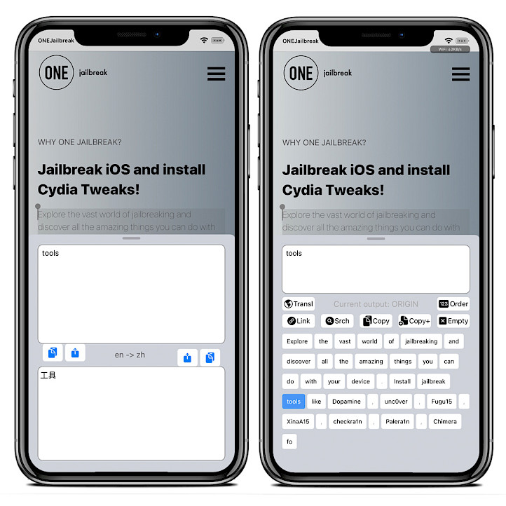 Two iPhone screens showing Hammer it translation window.