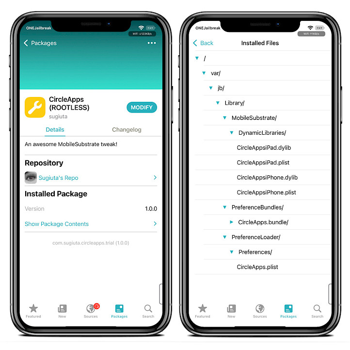 Sileo app showing CircleApps Repo and a list of installed files.