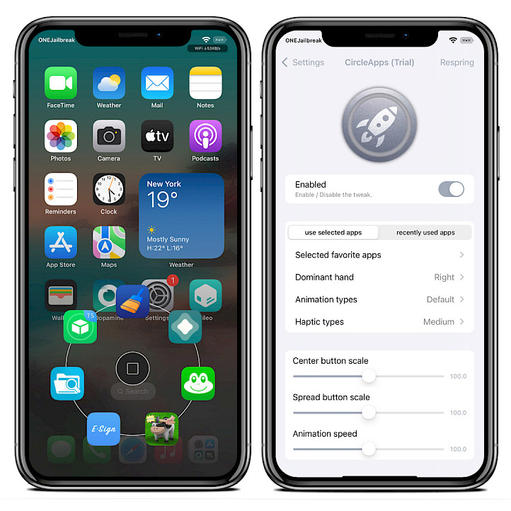 Two iPhone screens showing CircleApps launcher and tweak preferences.