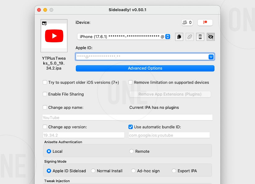 Installing YouTube Plus IPA with Sideloadly.