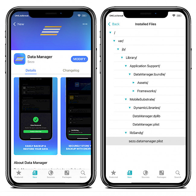 Screenshot of Sileo app showing Data Manager Repo and tweak installed files.