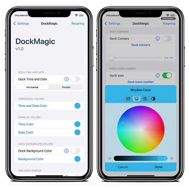 Two iPhone screens showing DockMagic tweak preferences.