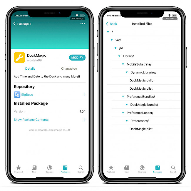 Screenshot of Sileo app showing DockMagic Repo and list of installed tweak files.