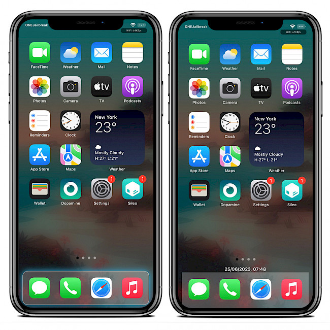Two iPhone screens showing DockMagic Dock modifications.