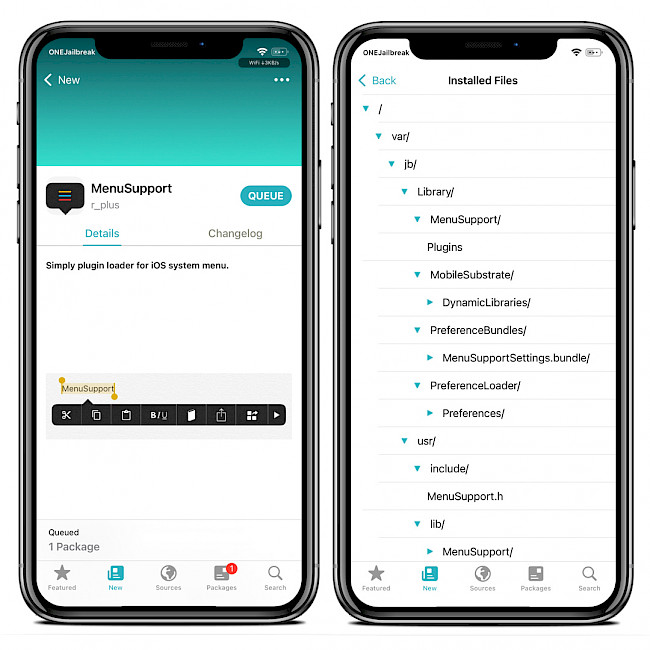 Two iPhone screens showing MenuSupport repo and a list of installed tweak files.