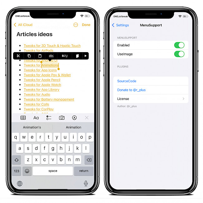 Two iPhone screens showing MenuSupport tweak.