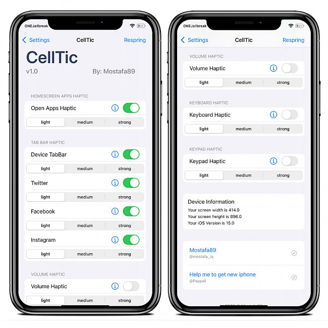 Two iPhone screens showing CellTic tweak preferences on iOS 15.