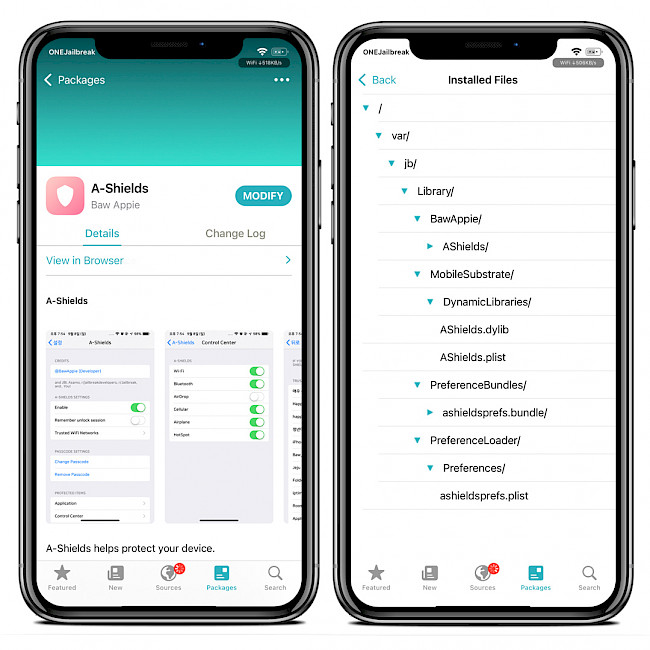 Screenshot of Sileo app showing A-Shields Repo and a list of installed tweak files.