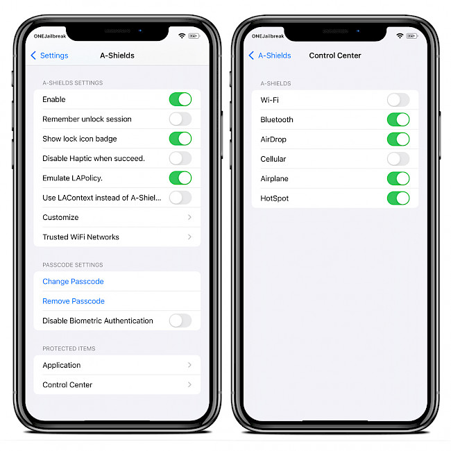 Two iPhone screens showing A-Shields tweak preferences.
