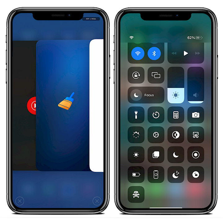 Two iPhone screens showing KillBackground13 tweak running on iOS 15.