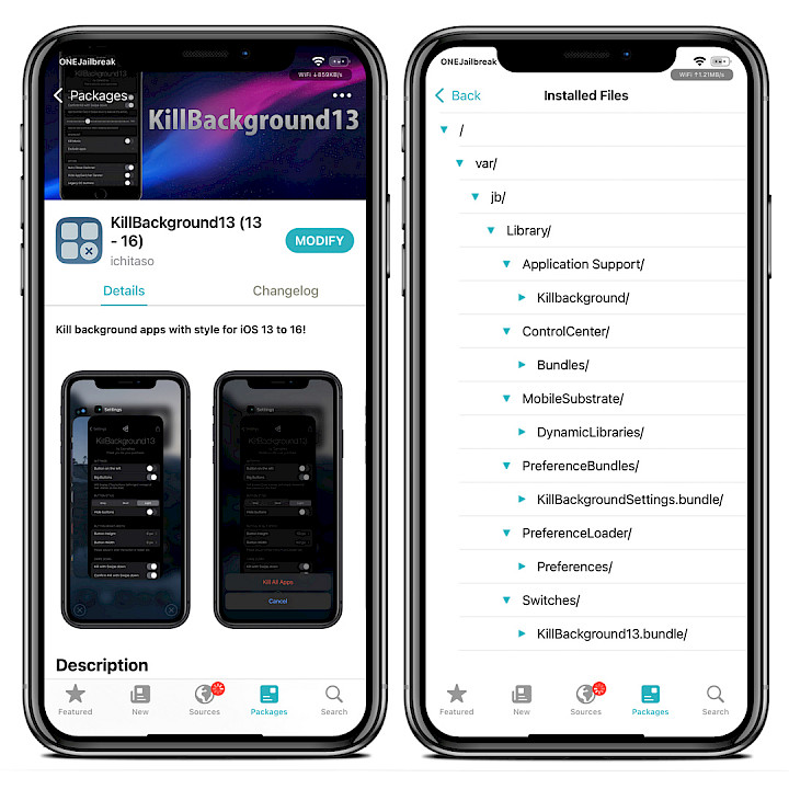 Screenshot of Sileo app showing KillBackground13 Repo and a list of installed tweak files.