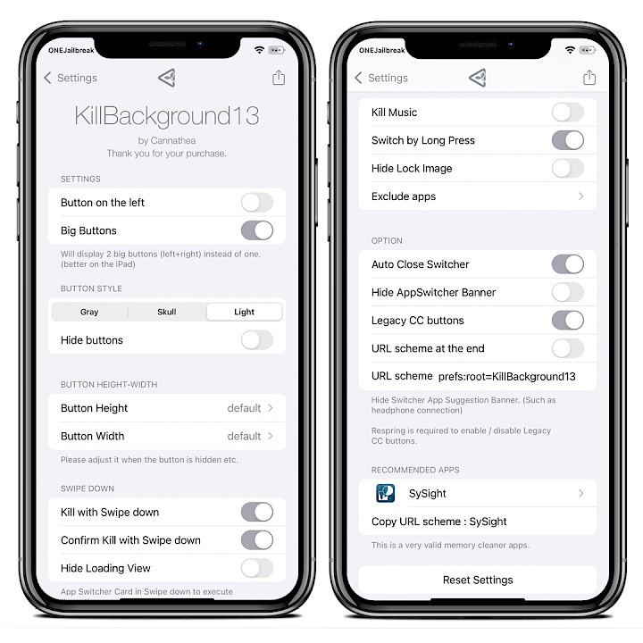 Two iPhone screens showing KillBackground13 tweak preferences.