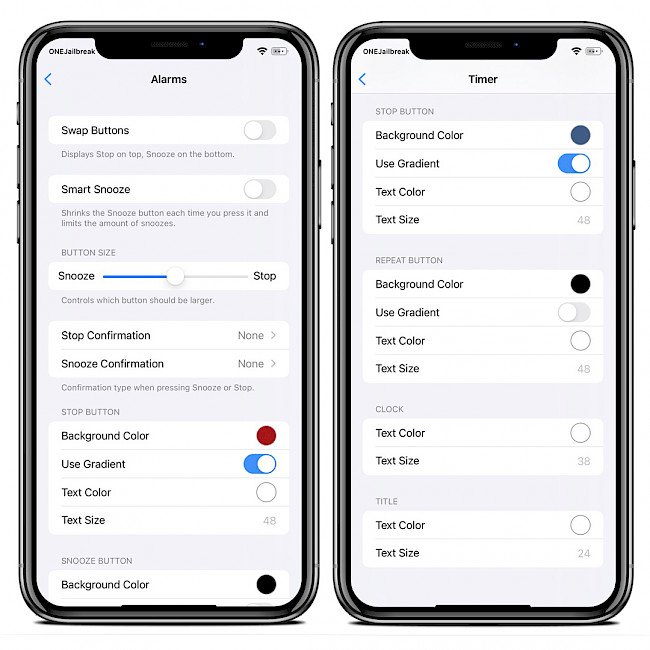 Two iPhone screens showing betterAlarm tweak preferences.