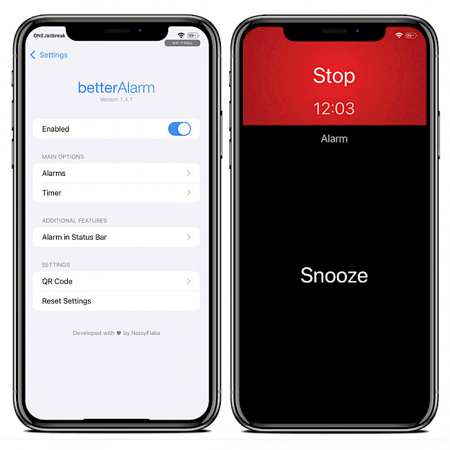 Two iPhone screens showing betterAlarm tweak.