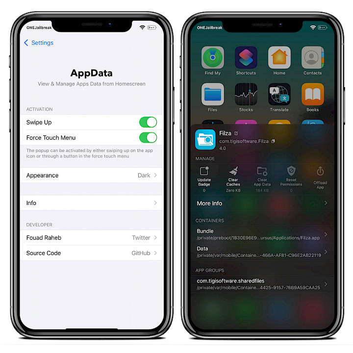 Two iPhone screens showing AppData tweak on iOS 15.
