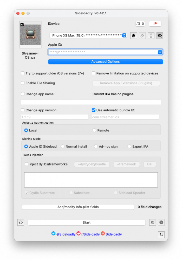Screenshot of Streamer IPA loaded into Sideloadly app.