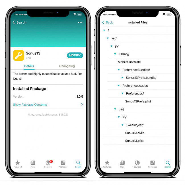 Sileo app showing Sonus13 tweak installed files.