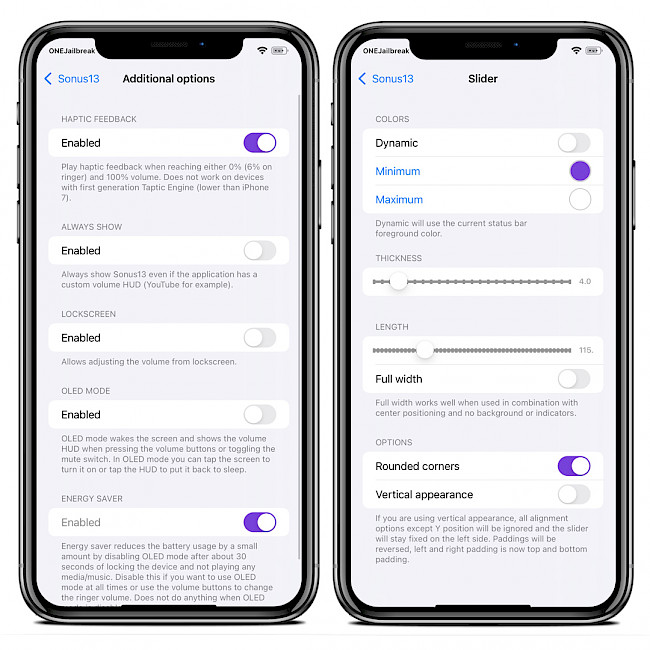 Two iPhone screens showing Sonus13 tweak preferences.