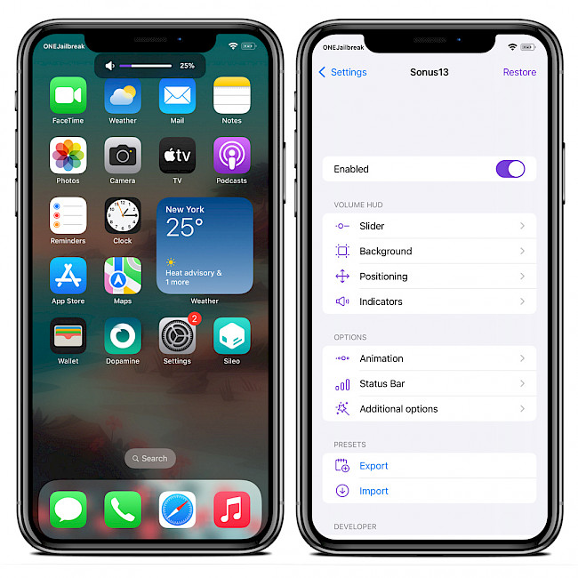 Two iPhone screens showing Sonus13 tweak.