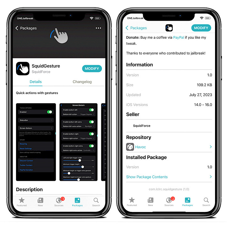 Sileo app showing SquidGesture tweak Repository.