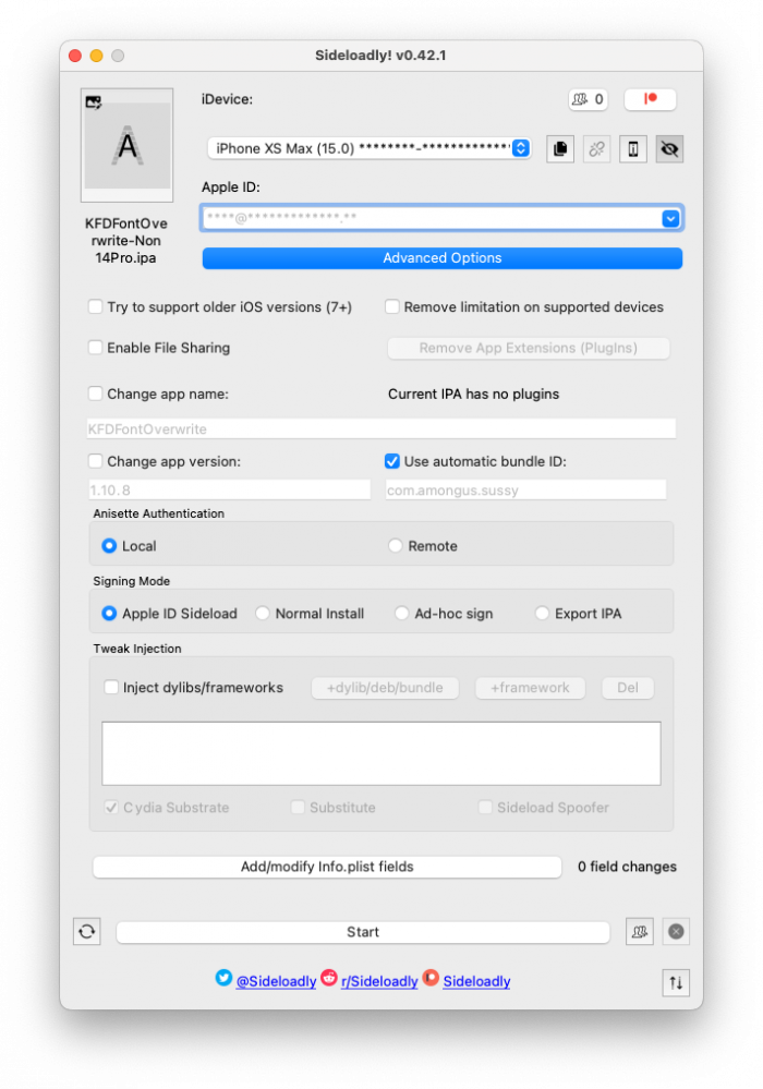 KFDFontOverwrite IPA loaded into Sideloadly app.