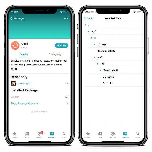 Sileo app showing Cluri Repo and tweak list of installed files.