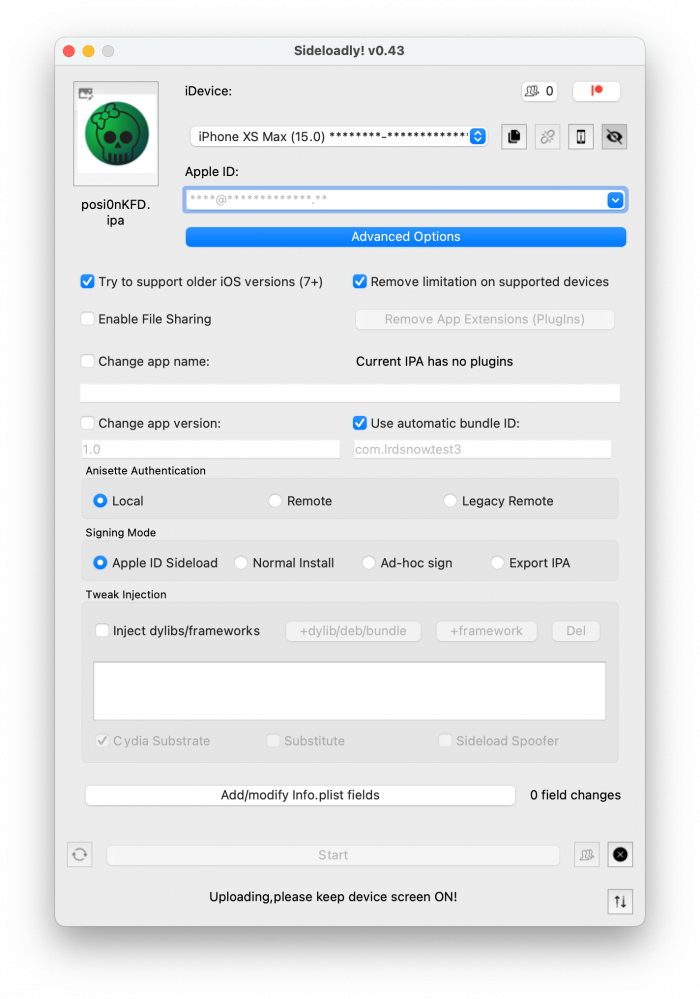 Pois0nKFD IPA loaded into Sideloadly screenshot.