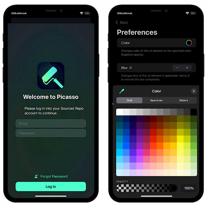 Picasso log in and tweak preferences screenshot.