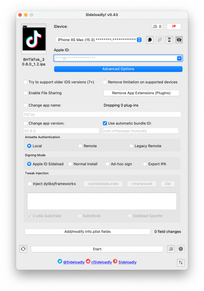 BHTikTok IPA in Sideloadly app.