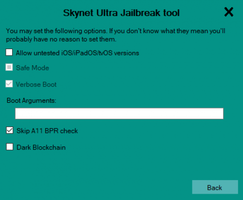 SkyNet Ultra Jailbreak Tool Options Screenshot.