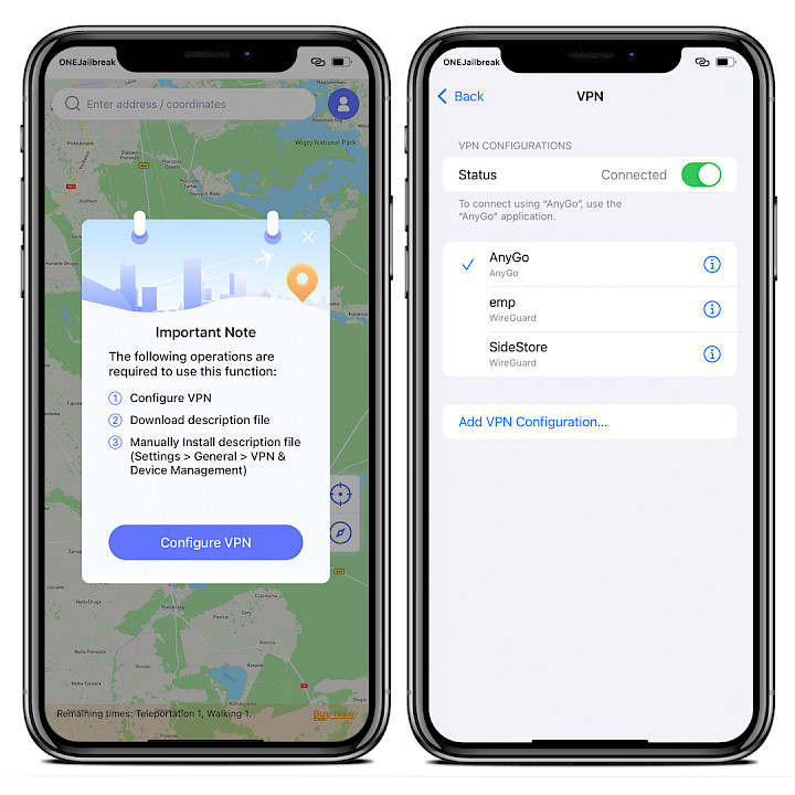 iToolab AnyGo iOS VPN configuration screenshot.