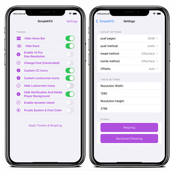 Two iPhone screens showing SimpleKFD screenshot.