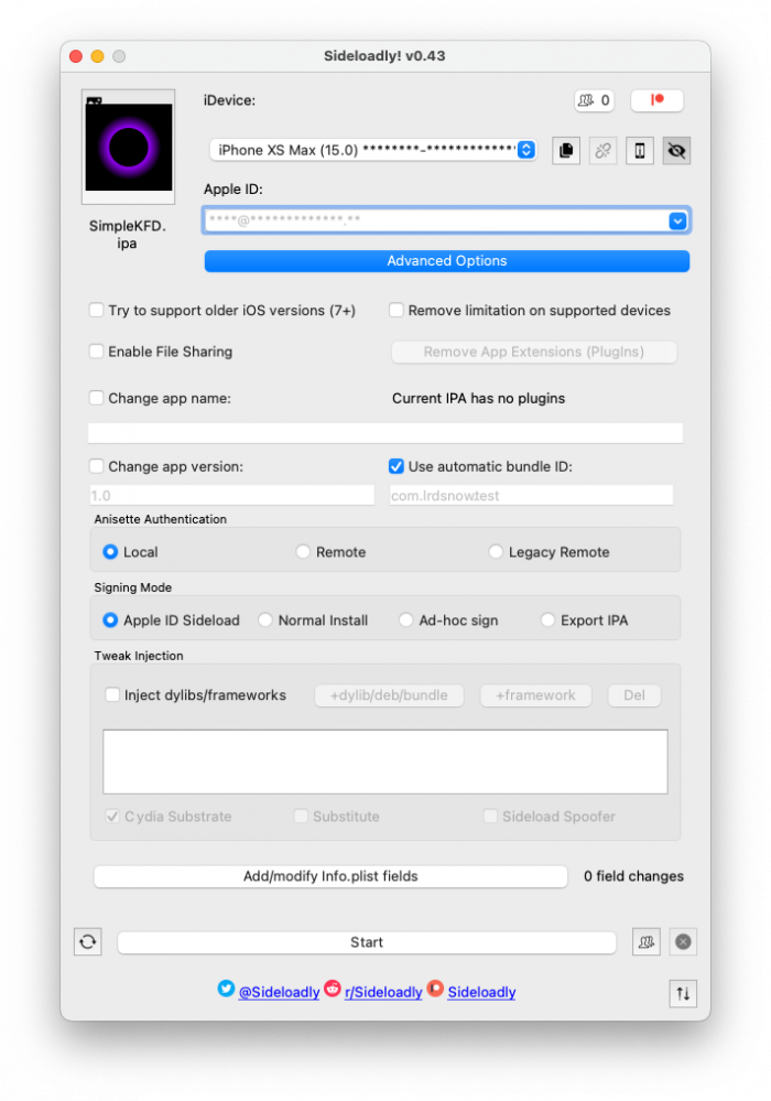 SimpleKFD IPA installation with Sideloadly.