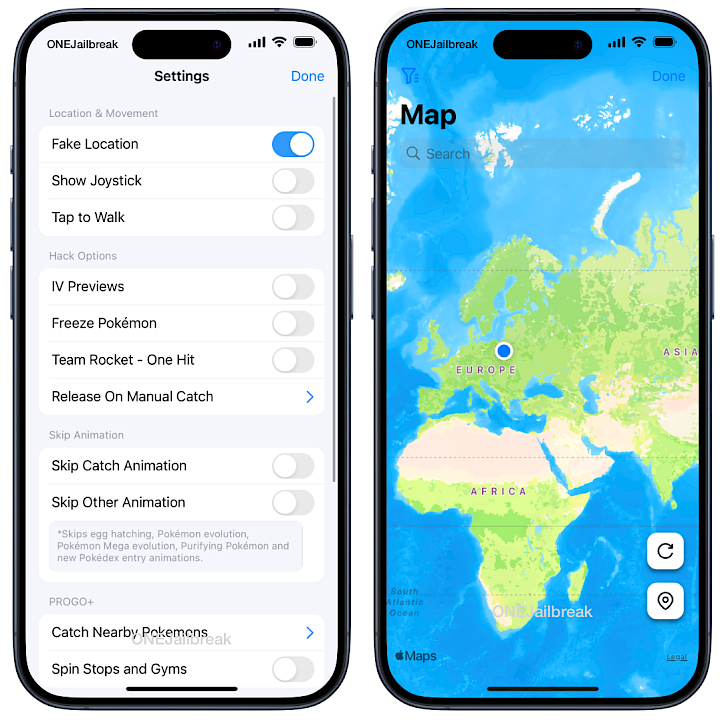 iSpoofer Settings and Map Screenshot.
