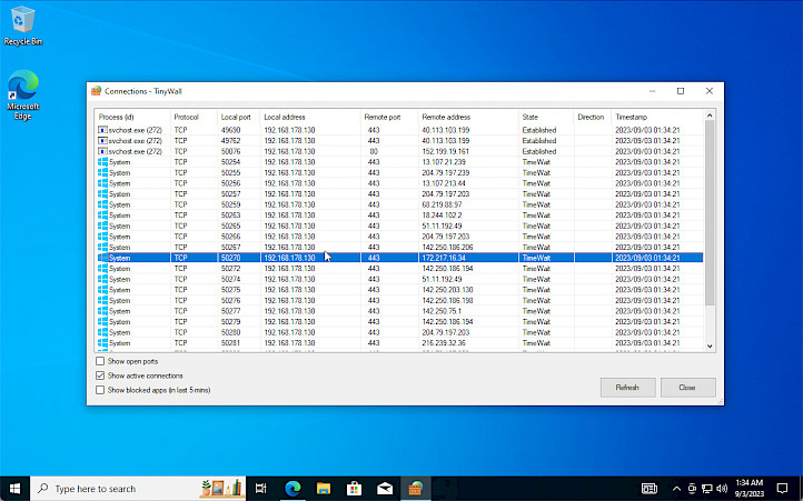 TinyWall Firewall connections Settings screenshot.