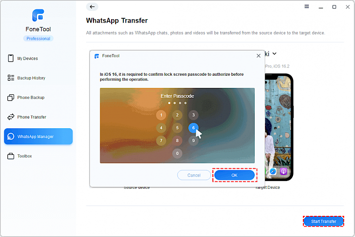 FoneTool WhatsApp Transfer Passcode prompt.