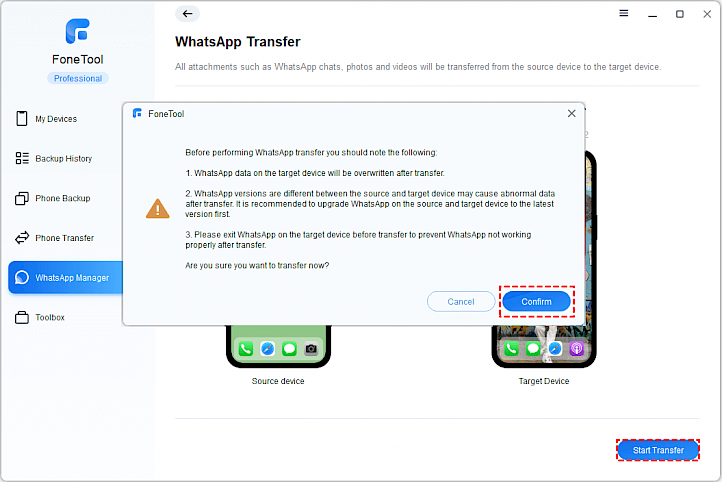 FoneTool WhatsApp Transfer screenshot.