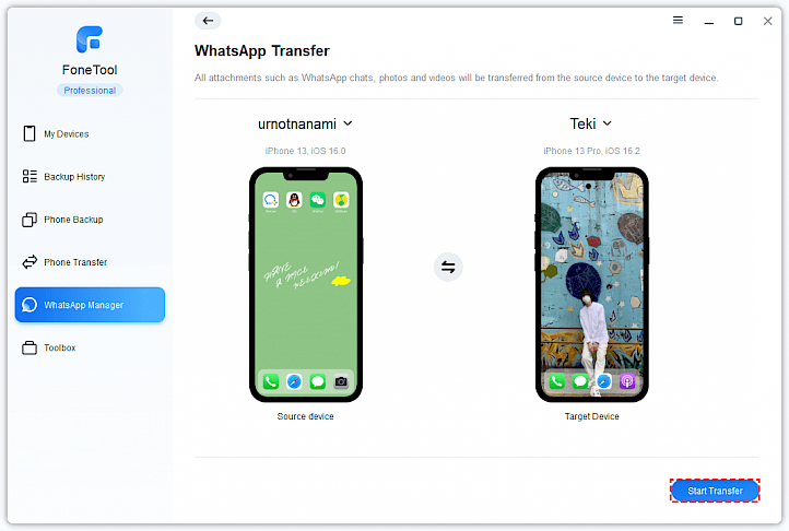 FoneTool WhatsApp Transfer screenshot.