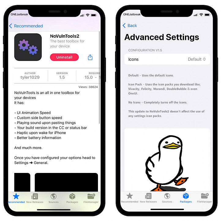 NoVulnTools2 Misaka Repo and Advanced Settings screenshot.