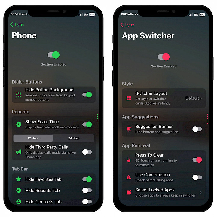Lynx 2 Phone and App Switcher settings.