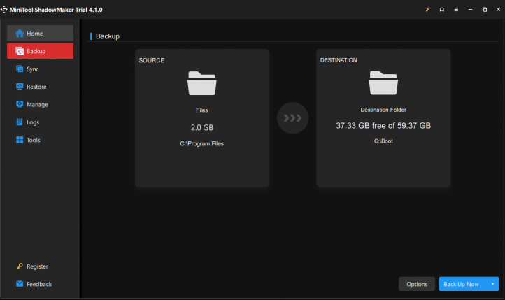 MiniTool ShadowMaker Backup feature screenshot.