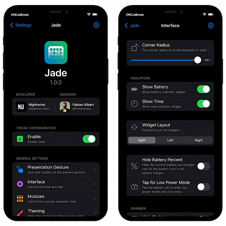 Jade tweak settings screenshot.